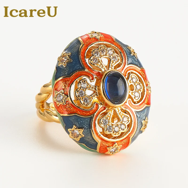 

Icareu Vintage Palace Enamel Ring Luxury Designer Blue Stone Rhinestones Flowers Carving Gold Color Party Jewelry French Style