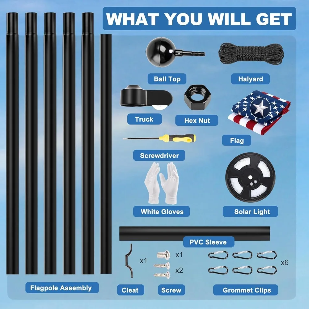 

25FT Solar Flag Pole Kit with LED Light, Heavy Duty Aluminum Outdoor Flag Set