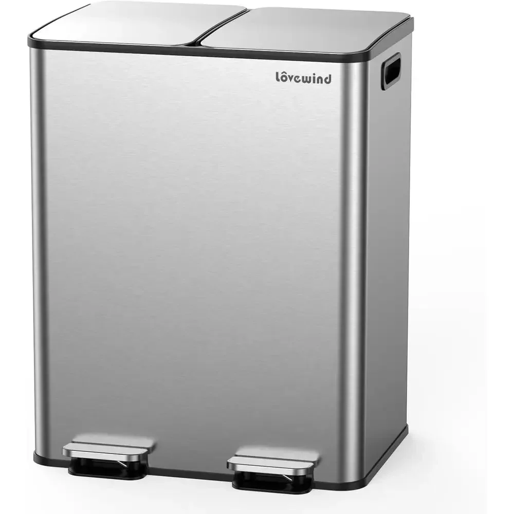 

Dual 8-Gallon Stainless Steel Kitchen Trash & Recycle Bin with Step-On Lid, Silver