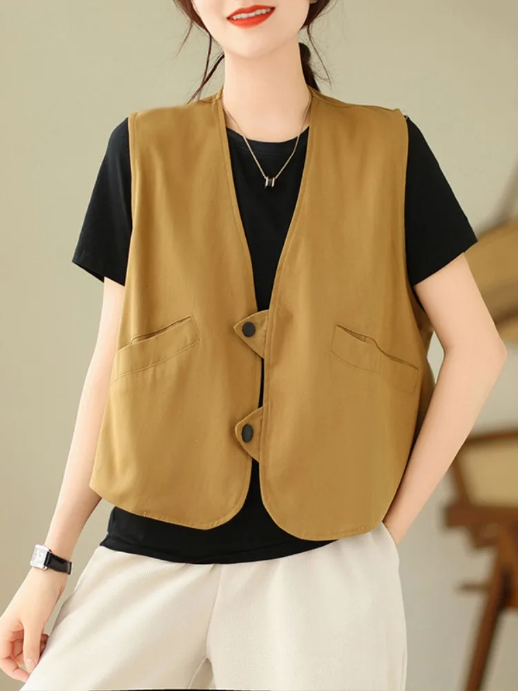 

Retro Personalized Full Cotton Vest ort Svel Tank Top Women's Casual V-ne Large Size Vest Top Commute Pure Color