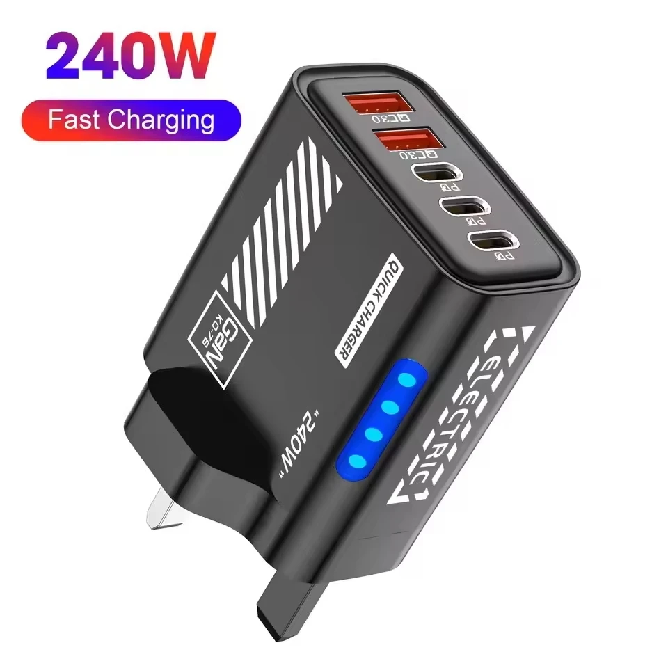 240W Superschnelles Ladegerät 5-in-1 LED-Licht 5-Port GaN Telefonladegerät Adapter 10A Kabel für iPhone Xiaomi EU/US-Stecker Ladegerät
