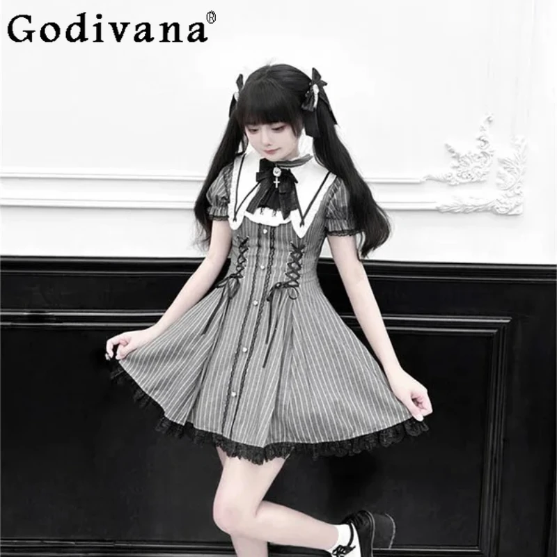 

Original Japanese Subculture Lolita Gray Striped Dress Summer Women Sweet Cute Bow High Waist Slim Y2K Short Sleeve Dress Op