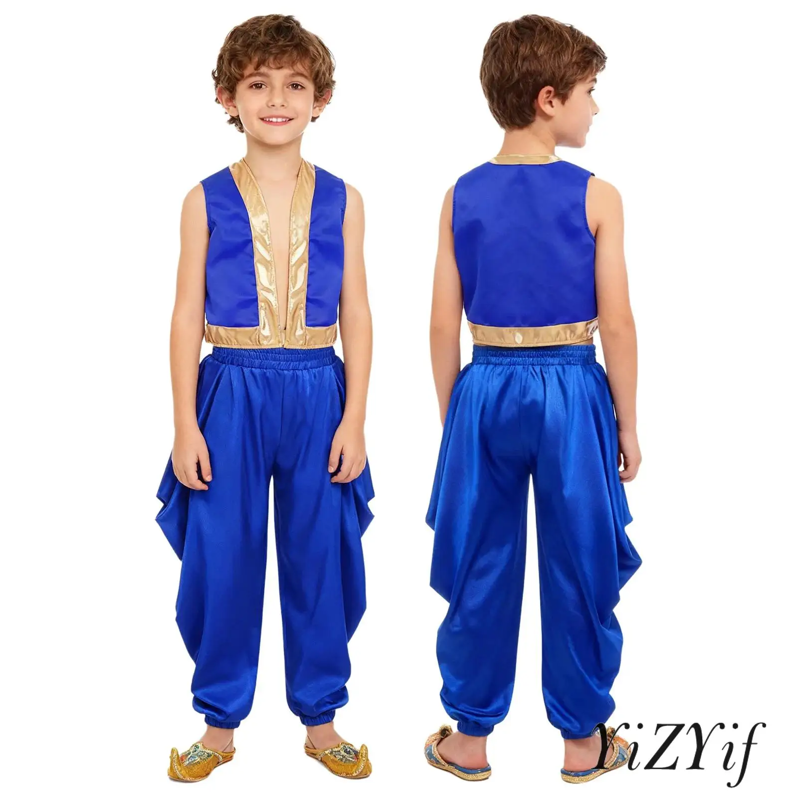 

Kids 2 Pieces Arabian Cosplay Costumes Outfit Loose Vest with Satin Dhoti Pants Loose Baggy Trousers Halloween Dress Up Costume