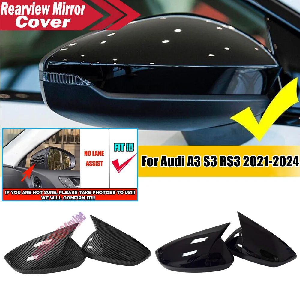 For LHD Audi A3 S3 RS3 2021-2024 ABS Plastic Car Rearview Side Mirror Cover Wing Cap Exterior Door Trim Adhesive Sticker