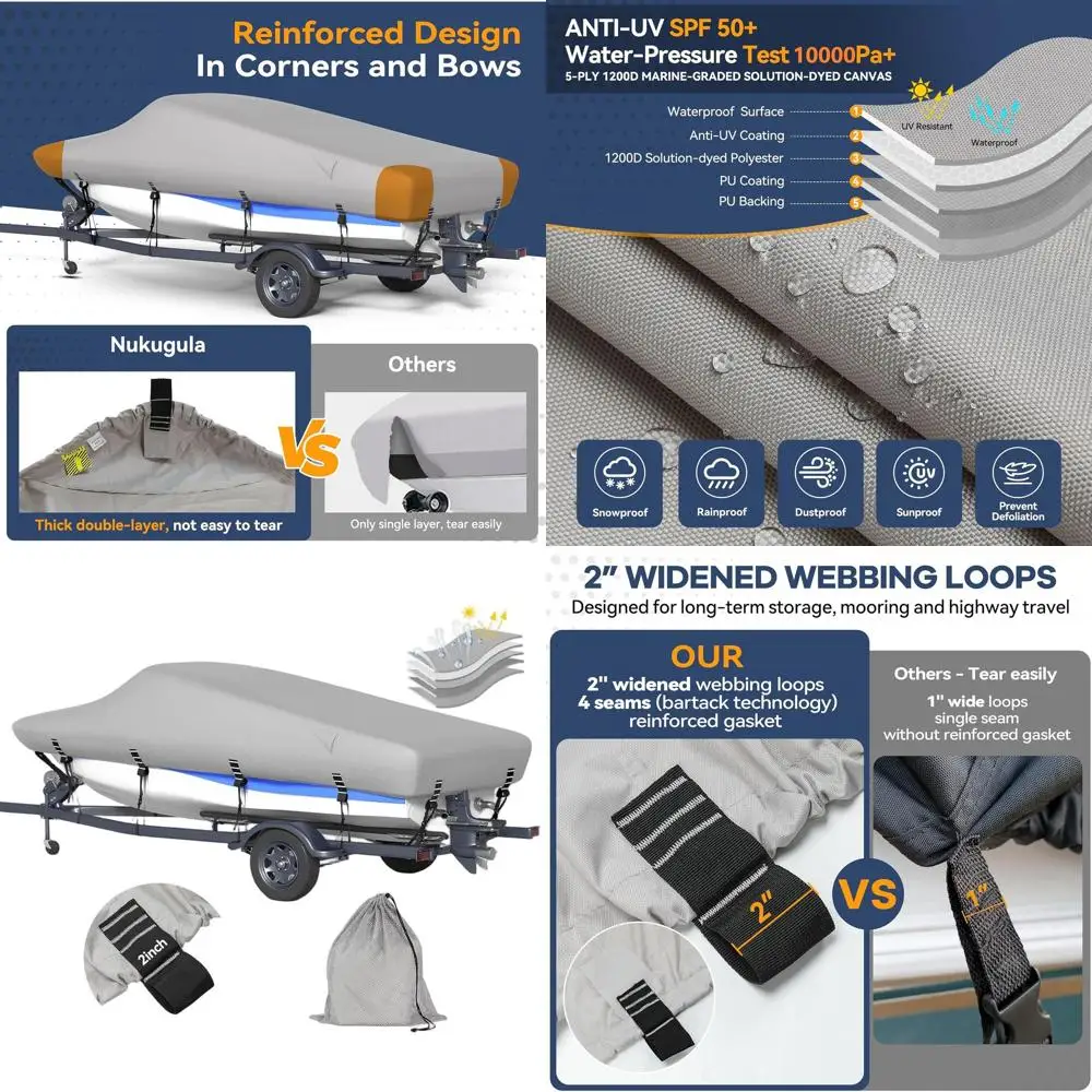 

14-16ft Waterproof UV-Resistant Breathable Boat Cover with Storage Bag & Wide Straps for Bass Boats