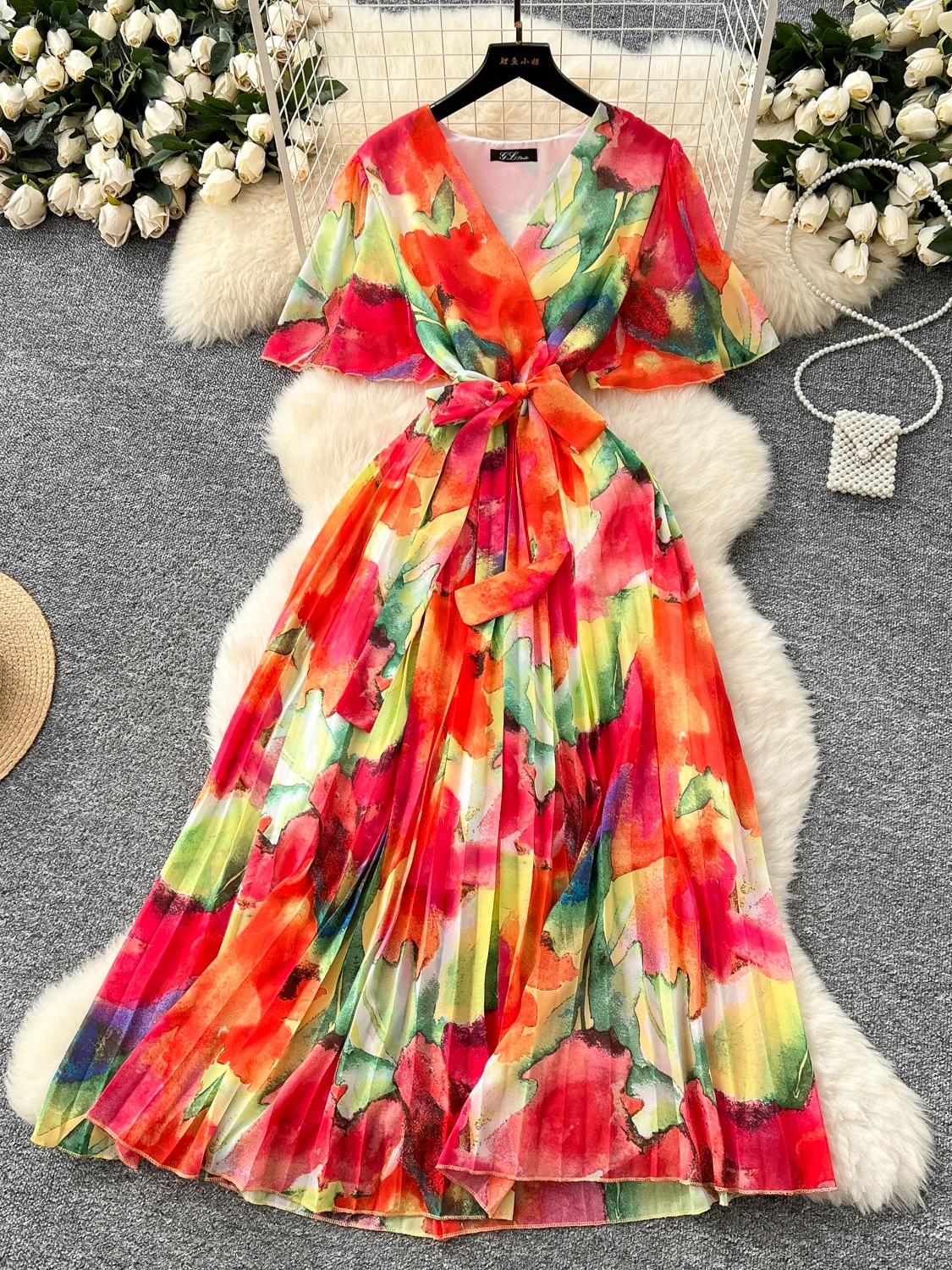 E Vestido de Gasa con Estampado, Cuello en V, Manga Campana, Cintura Alta con Lazo, Estilo Coreano, Vestido Línea A, N...
