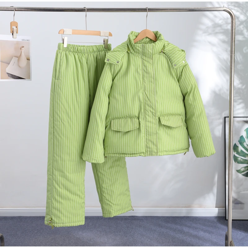 Elegant Printed Cotton Jacket Trouser Women's Set Hooded Thicken Zipper Coat Straight Pants Loose Lady 2026 Winter Autumn Suit