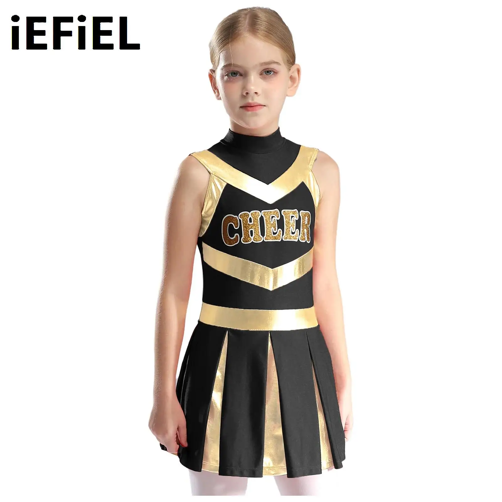 

Kids Girls Cheerleading Uniform Dress Halloween Costume Mock Neck Sleeveless Letter Print Contrast Color Pleated Dress