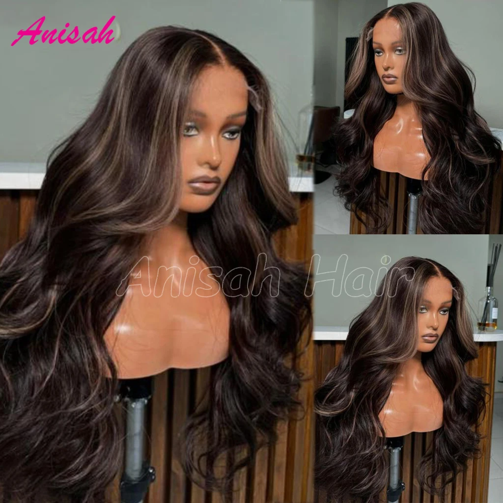 

Glueless Body Wave Highlight Human Hair Wigs for Women Dark Roots Bleach Preplucked Transparent Swiss Lace Frontal Wig