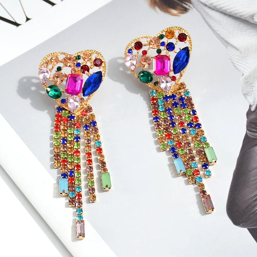 Statement Long Colorful Crystal Chain Tassel Drop Earrings High-Quality Fashion Trend Jewelry Accessories For Women