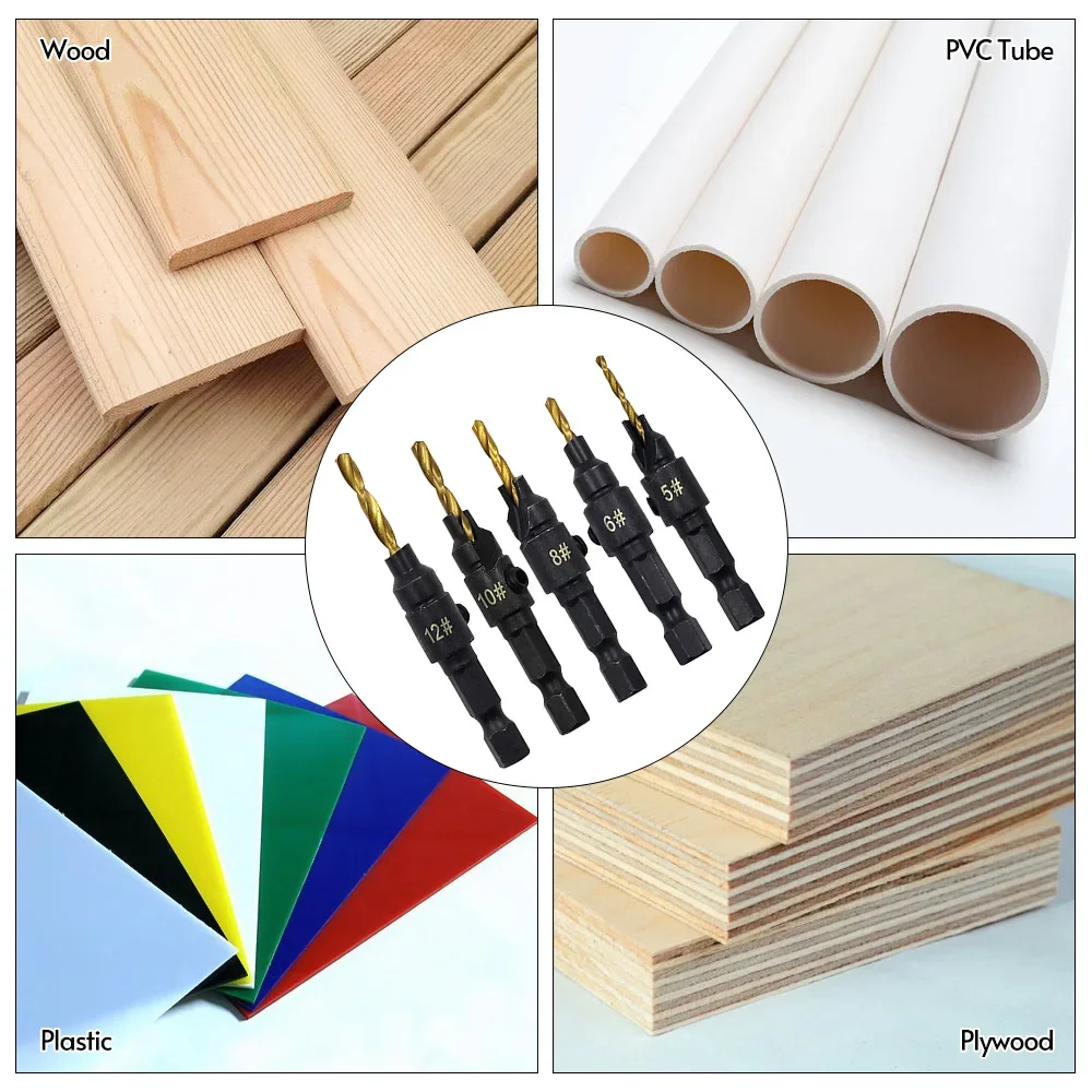 Foret à contre-alésage en acier rapide, 5 pièces, coupe-bois, ensemble de forets hélicoïdaux, foret de chanfreinage, outils pour le travail du bois