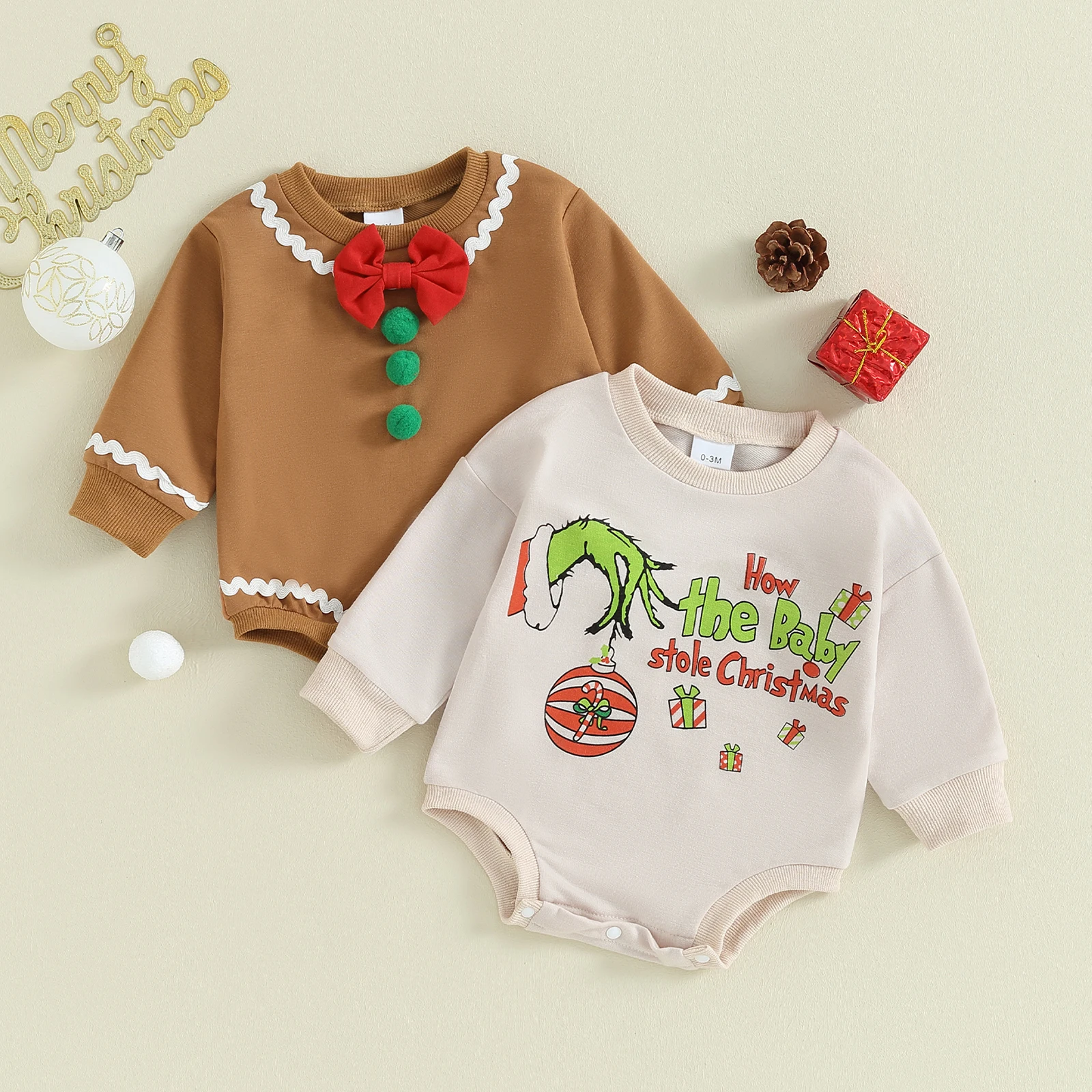 

Baby Christmas Sweatshirt Romper Long Sleeve Crew Neck Cartoon Print/Bowtie Bodysuit Newborn Baby Xmas Costume Outfits