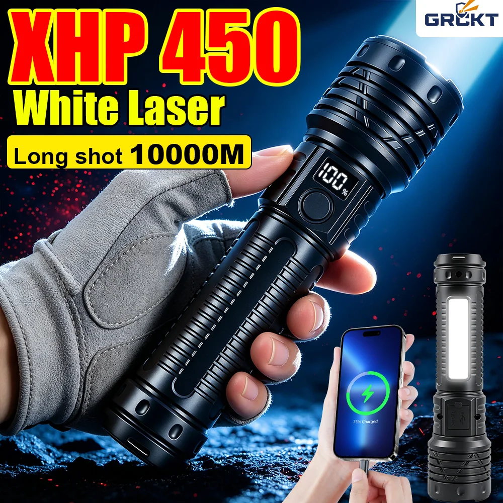 XHP 450 LED Super Bright Flashlights USB Rechargeable Flashlights Waterproof Zoom Fishing Hunting Camping Tactical Torch Lantern