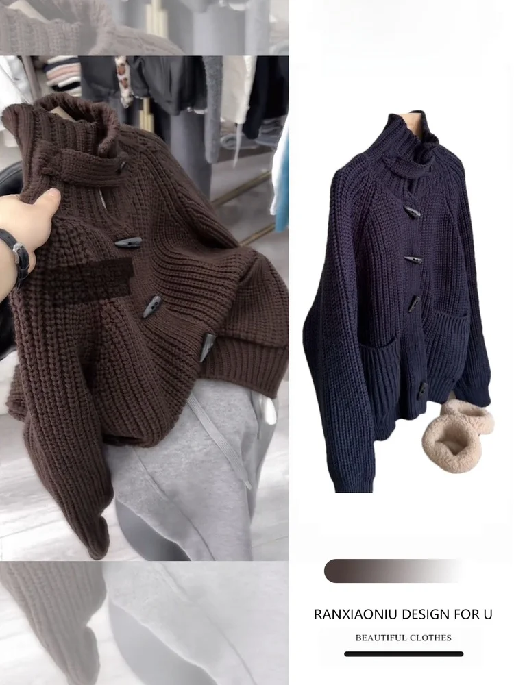 

Women's Knitted Sweater Set Thiened High Collar Button Cardigan Warm Faionable Spring Clothing Knitwear Outerwear
