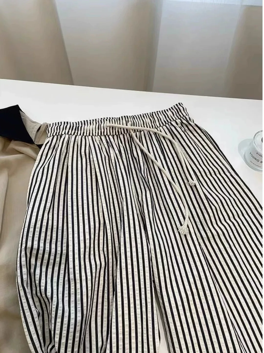 plus Size Women's Summer Thin Ice Silk Wide Leg Pants Striped Loose Casual Comfortable High Waist Straight Cut Commute Style