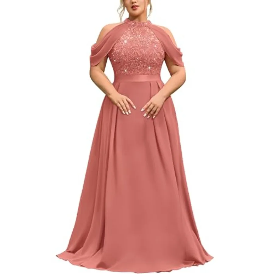 MISSMAY Women's Plus Size Dress Sequin Lace Halter with Cape Sleeves Evening Formal Maxi Dress
