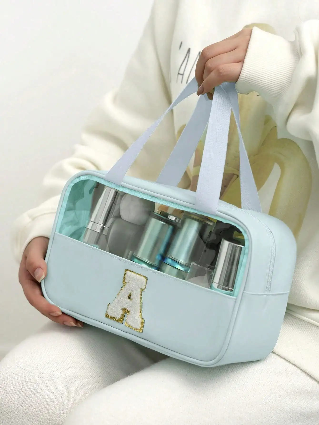 Transparent PVC Toiletry Bag,Letters Makeup Bag,Waterproof Travel Toiletry Bag,Letter Zipper Waterproof Makeup Storage Bag,Cosmetic Organizer Bag, Portable Cosmetic Travel Bag,With Handy Handle,For Travel Toiletries Accessories,Travel Essentials