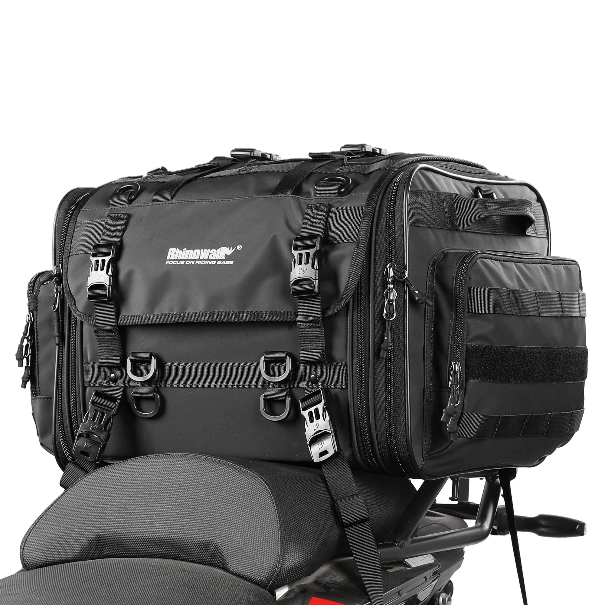 

Rhinowalk Motorcycle Bag 60L Expandable Motorcycle Tail Bag Waterproof All Weather/Trunk/Rack Bag With Sissy Bar Straps-Black