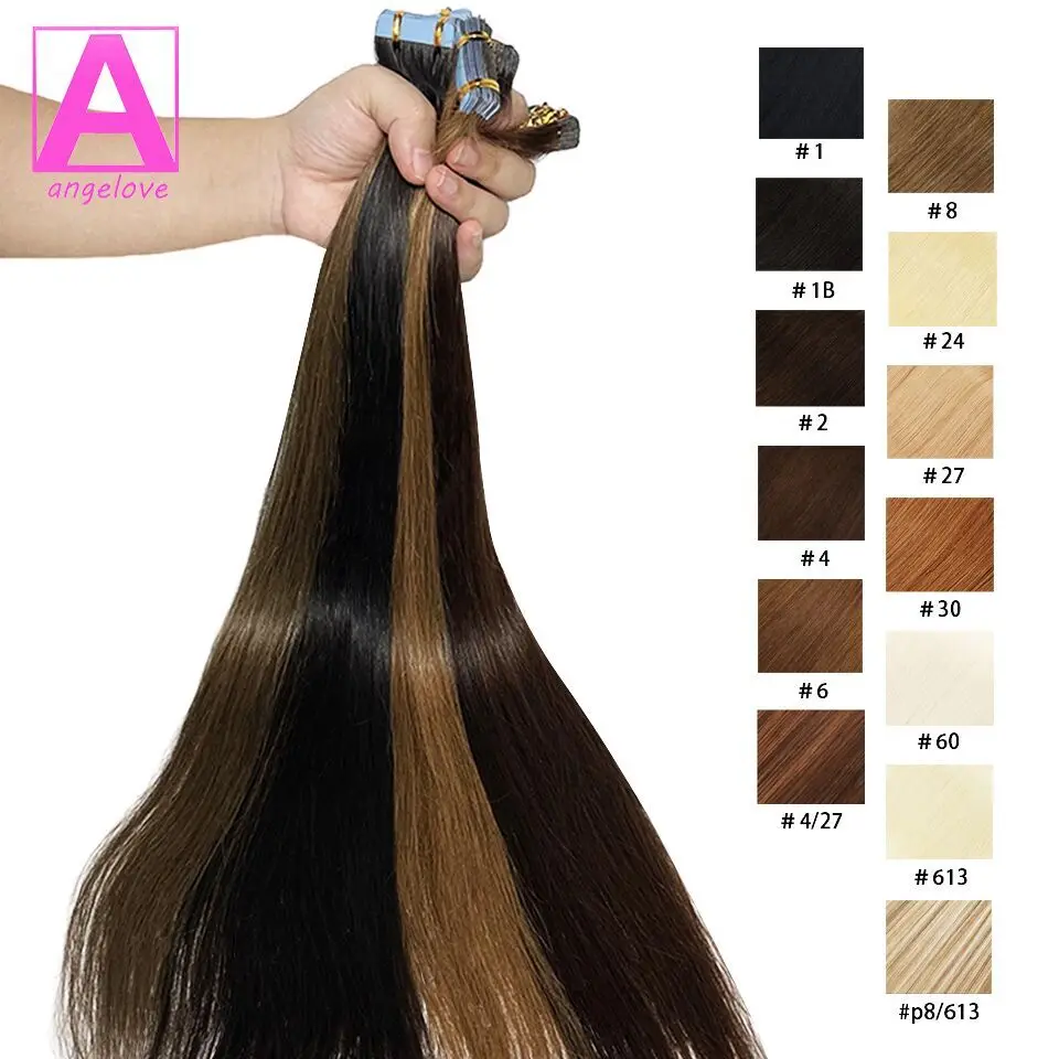 Cinta en extensiones de cabello humano 100% Remy Natural, extensiones rectas de 16-26 pulgadas, adhesivo de trama de piel sin costuras para mujer