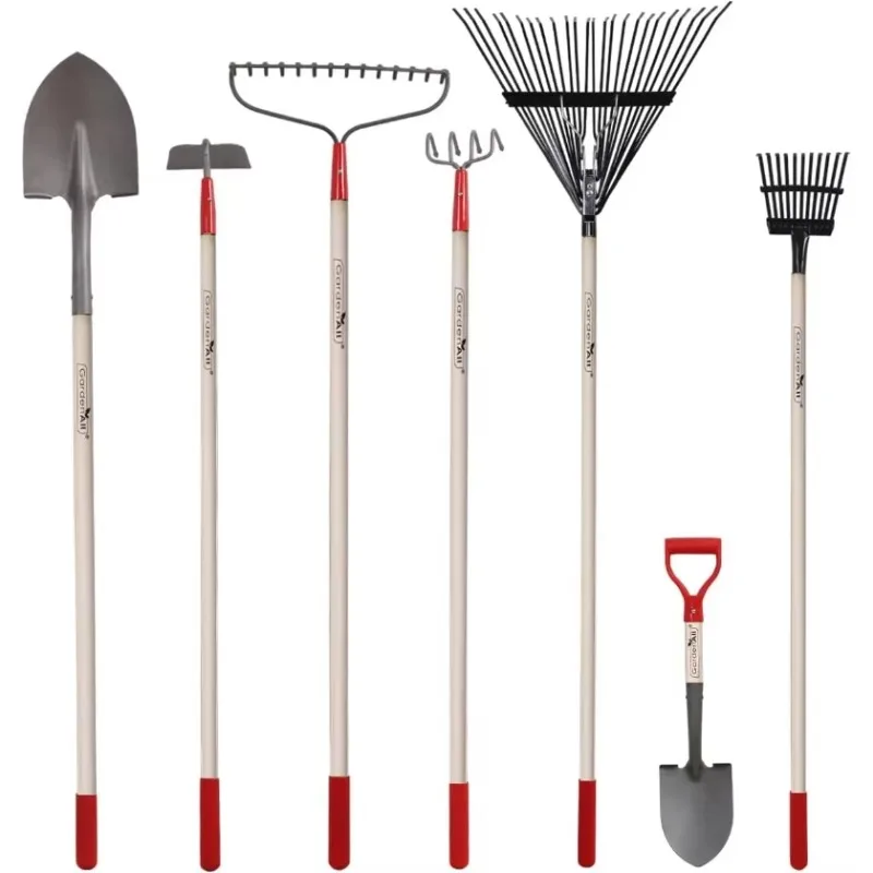 GardenAll 7-Piece Shovels Rakes Hoe Set Garden Tools Long Wood Handle Pointy Shovels for Digging Short Handle Shovel Rakes Set