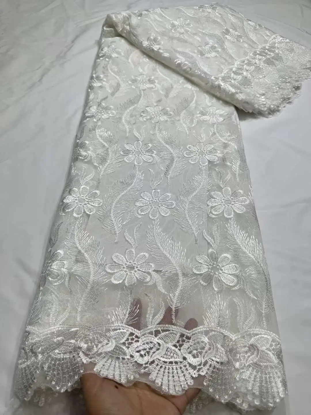 

Elegant White Lace fabric Embroidered African Net Fabrics for DIY Apparel Sewing Supplies CDW-738-55