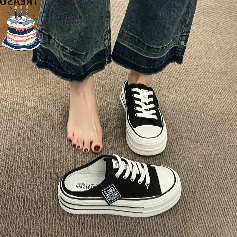 

2024 Summer New Thick Slippers Fashion Casual Women Sandals Canvas Bottom Heightening Shoes Female Indoor Women Low Sneakers