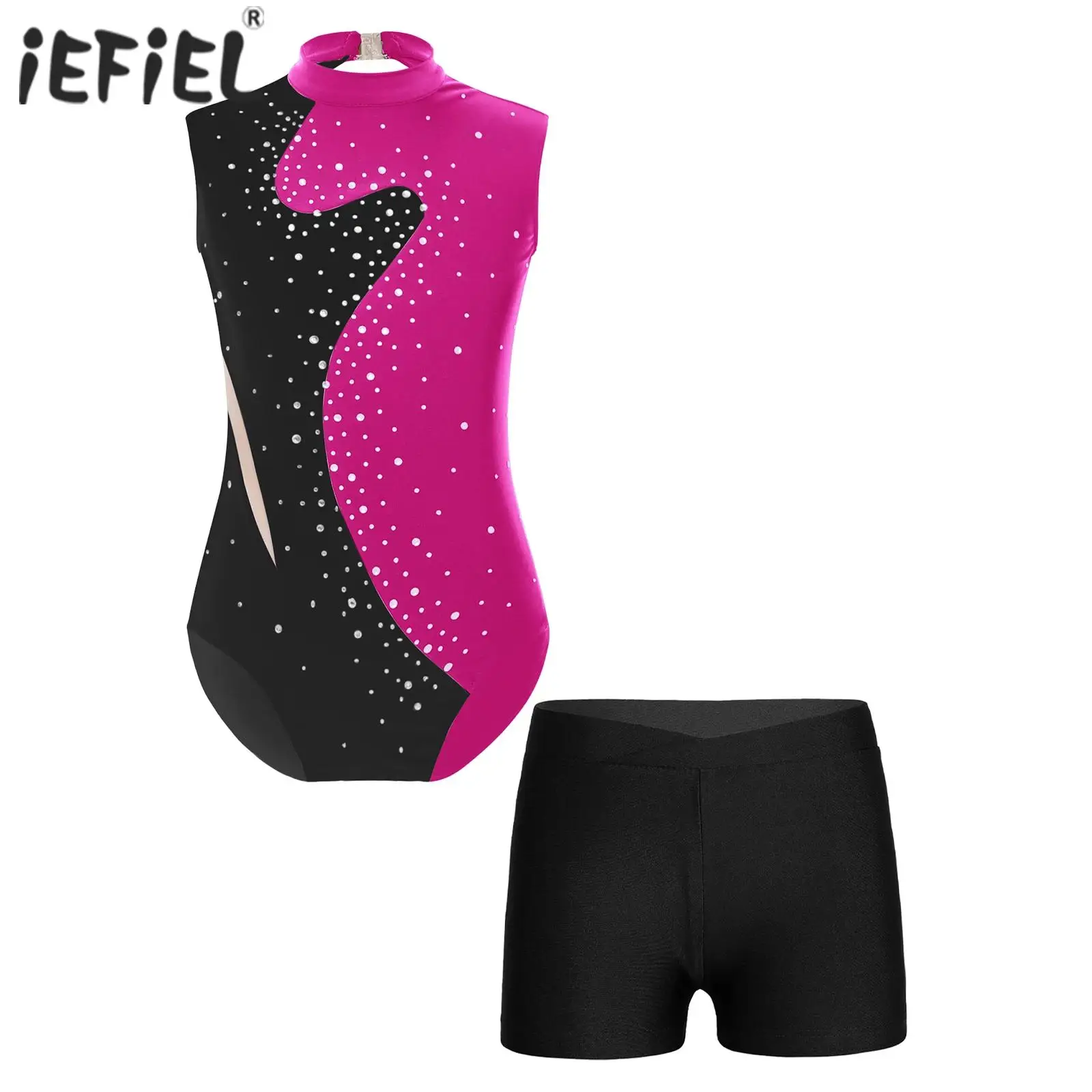 

Kids Girls Ballet Sets Gymnastics Leotard Sparkling Rhinestones Keyhole Back Sleeveless Bodysuit with Shorts Sportswear Outfits