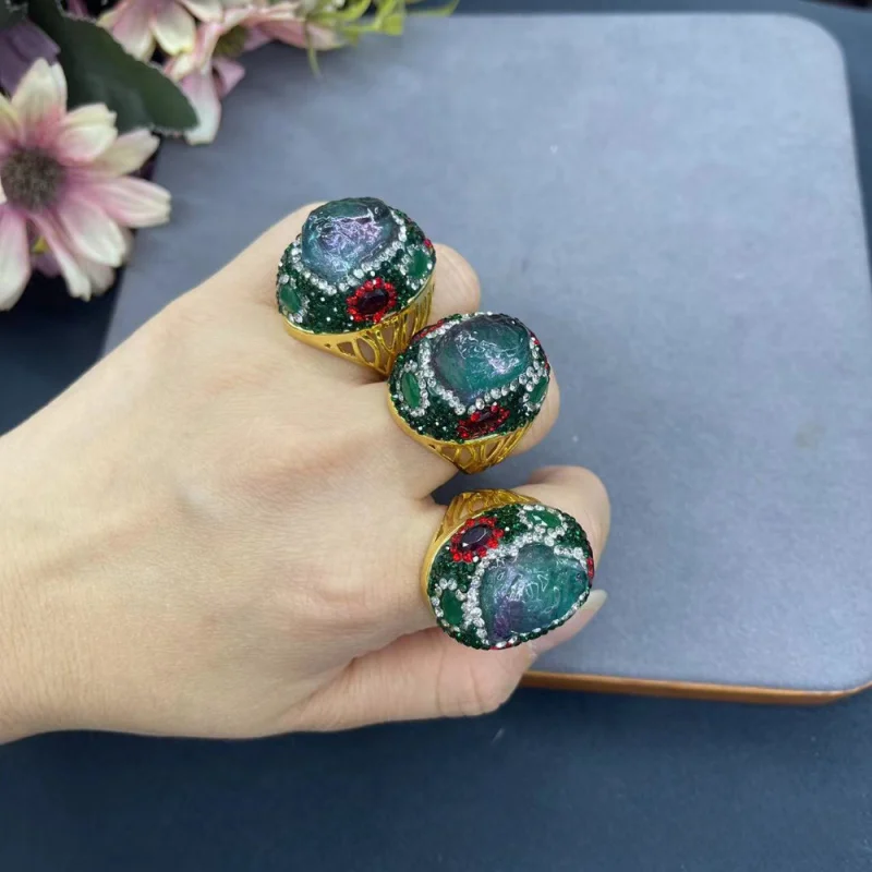 

New Irregular Fluorite Raw Stone Inlaid With Rhinestones For Women'S Rings, Personalized, Fashionable And Simple Jewelry