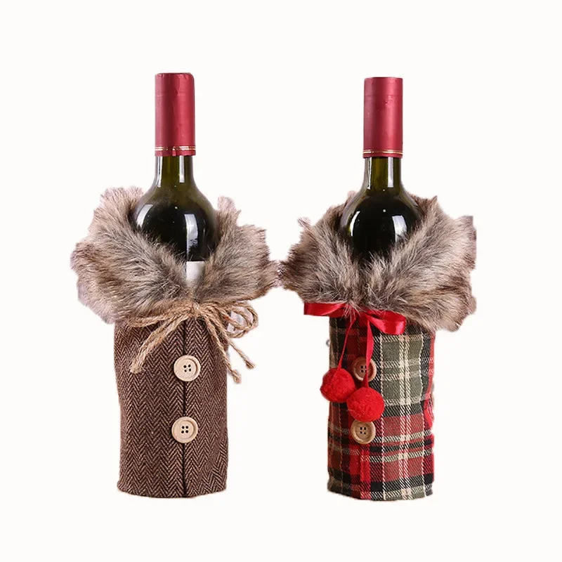 Bolsa para botella de vino tinto, cubierta navideña con patrón de cuadros rojos, lazo, vino tinto, champán, whisky, bolsa para botella, accesorios de decoración para festivales