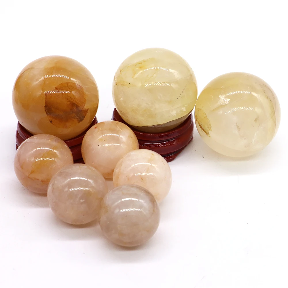 Natural Crystal Yellow Inclusions Polished Ball Reiki Healing Stones Sphere Desk Home Decoration Gemstone Round Carved Souvenirs