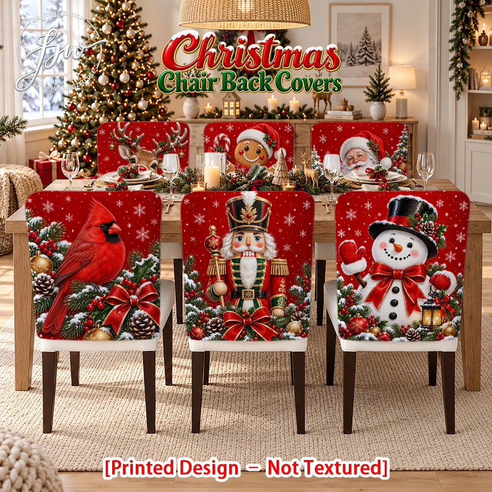 2/4/6pc Christmas Chair Back Covers Festive Holiday Dining Chair Slipcovers with Snowman Santa Nutcracker Designs