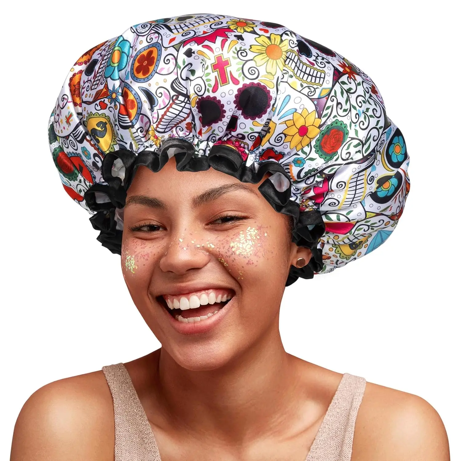 

Shower Cap for Women Reusable Waterproof, Extra Large Hair Cap for Shower with Double Layers, Stylish Vibrant Designed