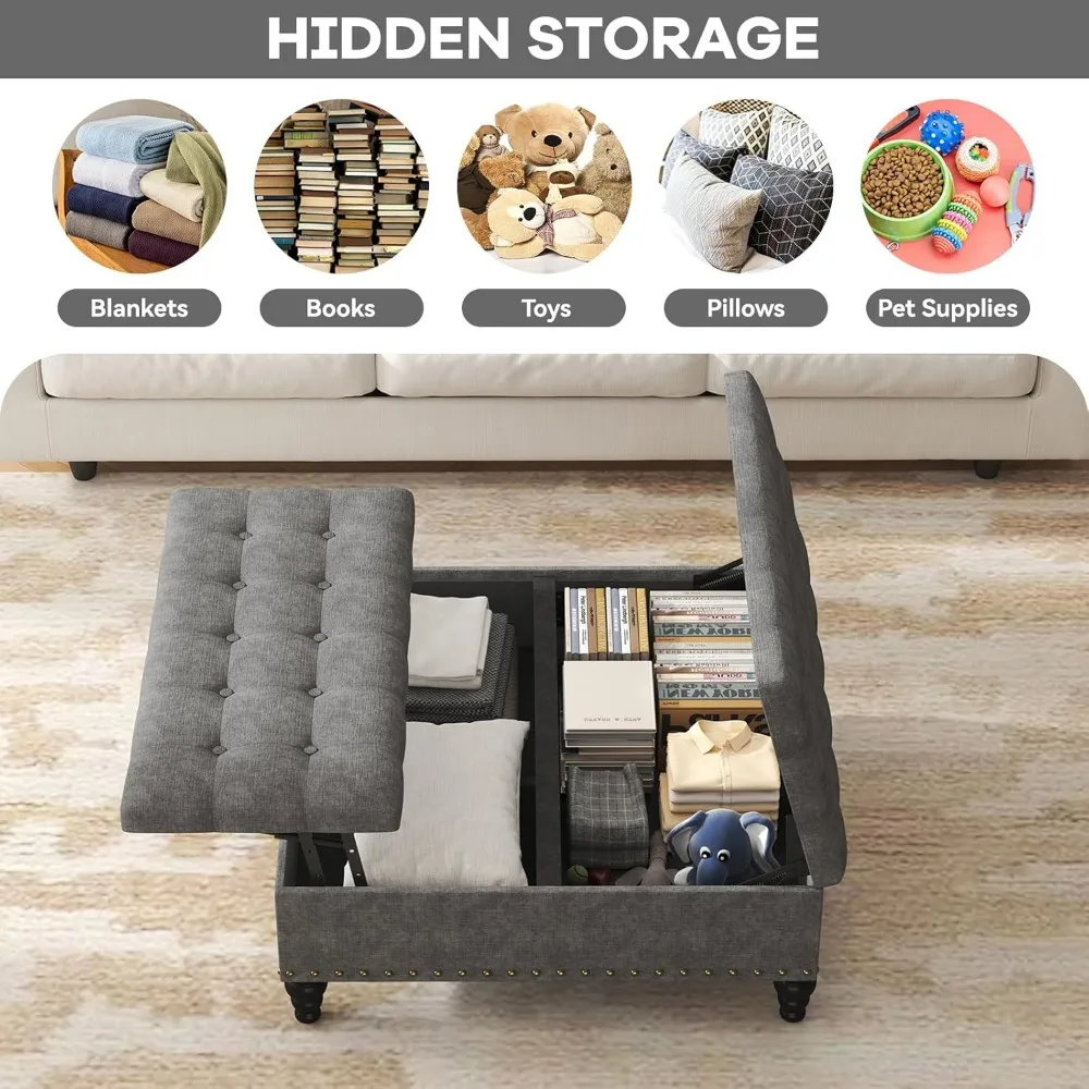 مسند رفع، طاولة قهوة كبيرة للتخزين من الشنيل لغرفة المعيشة أو غرفة النوم، سهلة التجميع، رمادي داكن