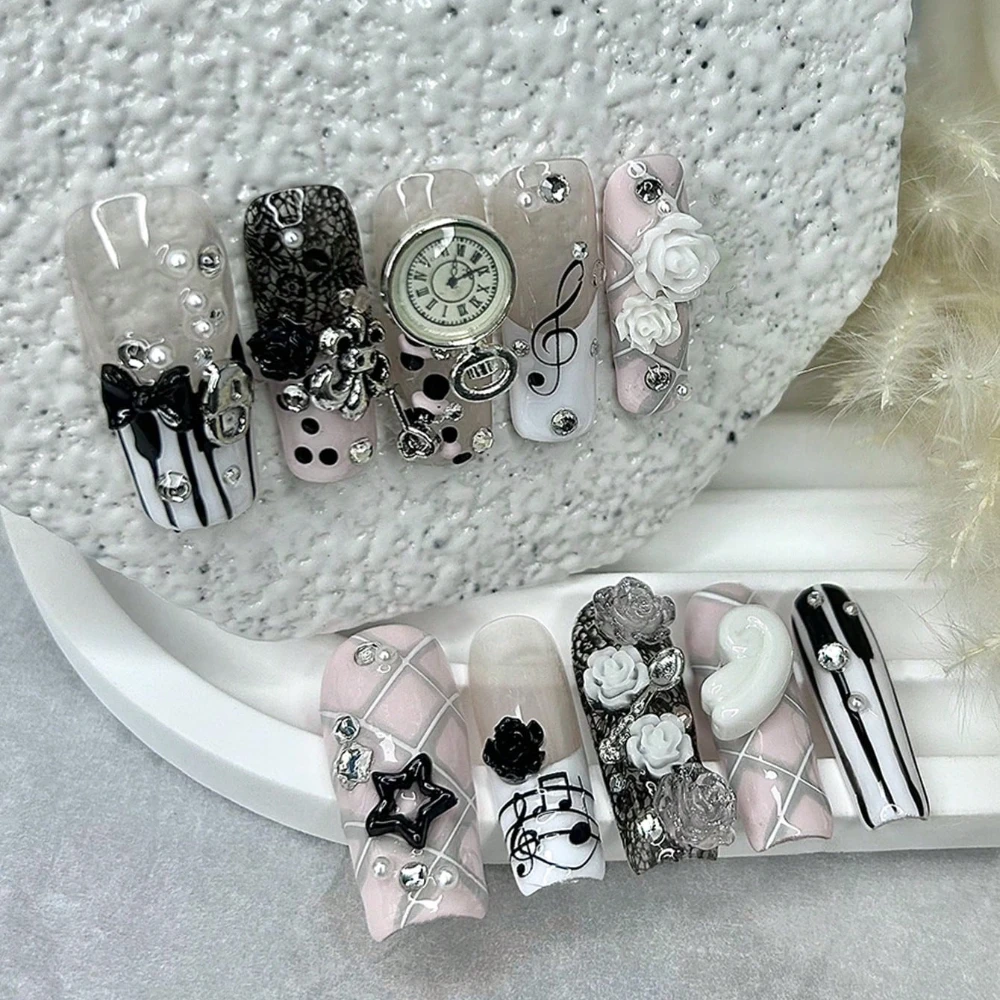 10 Pieces 3D Rose Bow Pearl Pink Handmade Press On Nails Vintage Y2K Piano Notes Cute Long Coffin Fake Nails