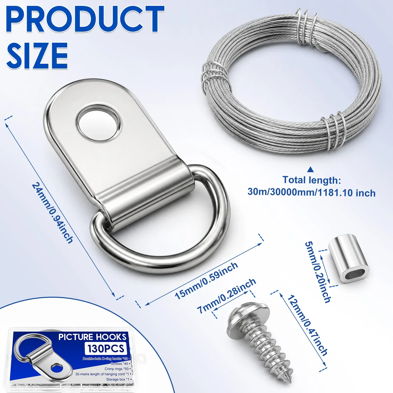 40 Picture Hanging Wire Kit Heavy Duty 30M 98ft 7 Strand Metal Frame Hanger with D Ring Hooks Screws for Mirror Canvas Art Decor