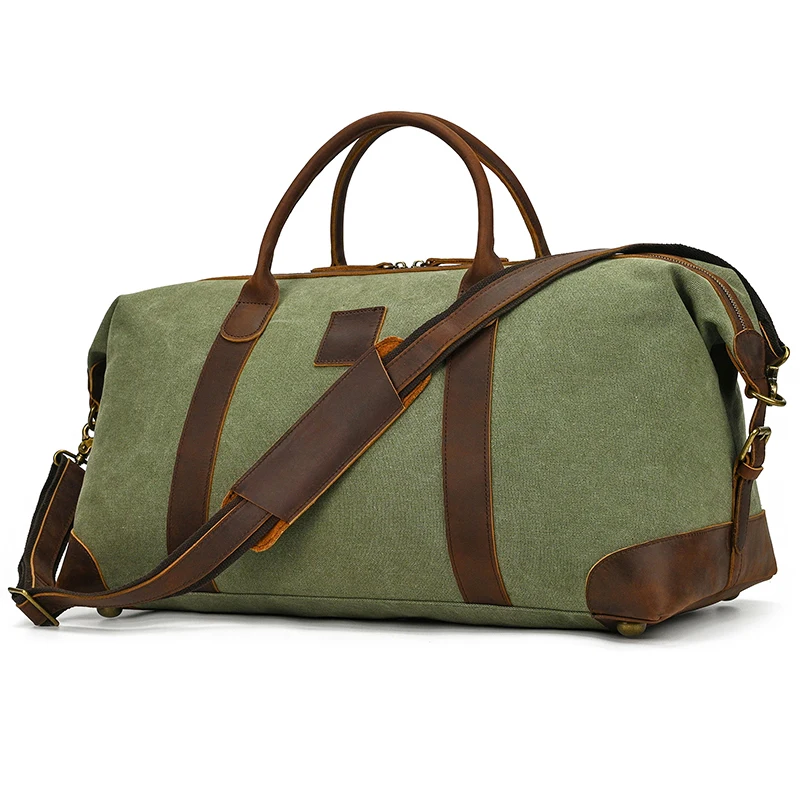 Large Leather Canvas Travel Bag Vintage Cool Crumpled Travel Handbags Waterproof Crossbody Duffle Bag For Men Army Green