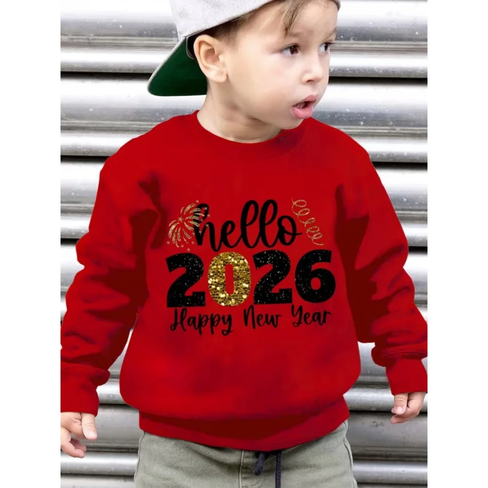 New Year Hello 2026 Sweatshirt Kids Crew Neck Hoodie Kids Gift Long Sleeve Boys Girls Autumn Fashion Holiday Children's Clothing