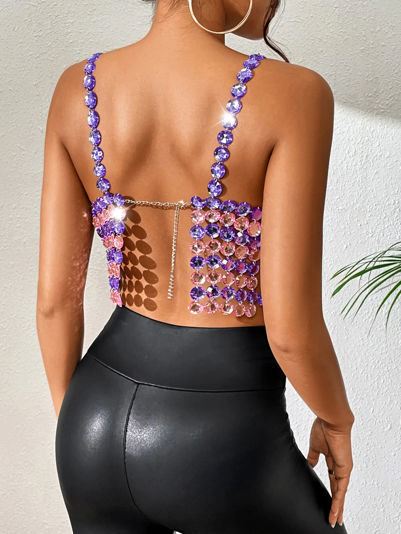 Women Gemstone Spliced Multicolor Sexy Halter Top