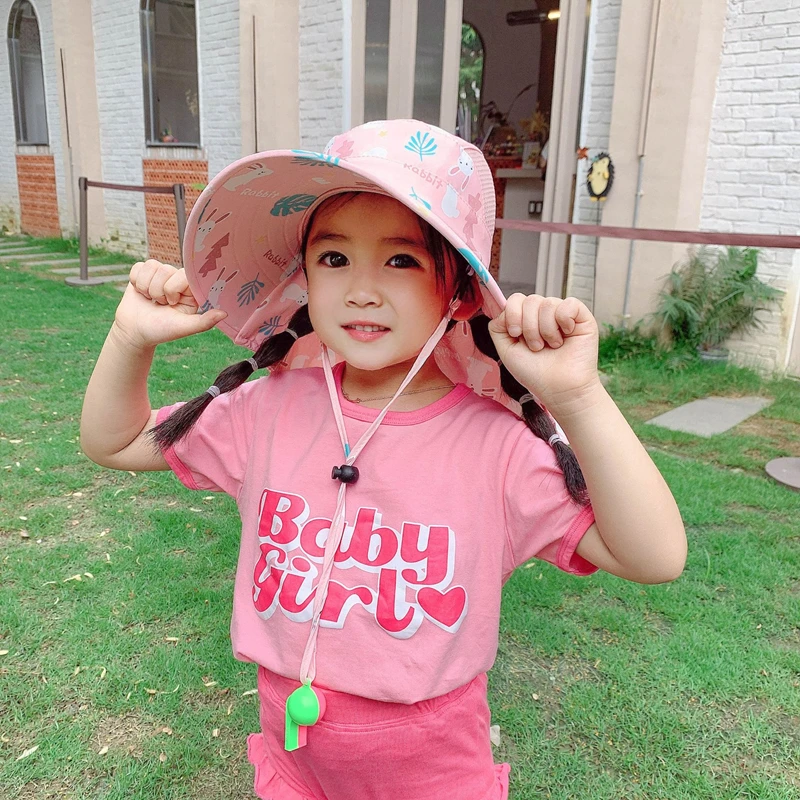 Summer Kids Sun Hat With Neck Flap Strap Wide Brim Beach Hats Kids Bucket Hat UV Protection Panama Cap For Boys Girls Outdoor