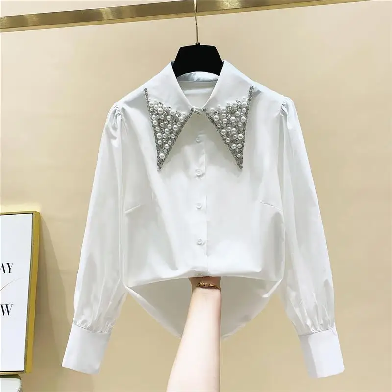 Women Clothing Office Lady White All-match Blouse Long Sleeve Solid Color Simplicity Basic Elegant Shirt Tops Casual Fashion