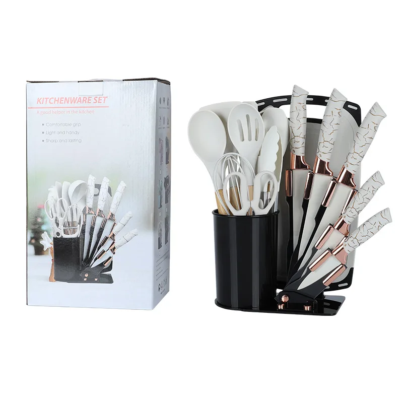 

2024 Горячая силиконовая кухонная утварь, набор ножей из 19 предметов, разделочная доска из пшеничной соломы, комбинированный набор, ведро для хранения, набор кухонных ножей