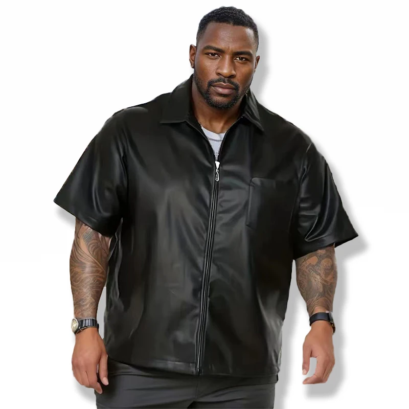 Men's Short Sleeve Faux Leather Turn-down Collar T-Shirt Coat Male Casual Plus Size PU 7XL 8XL 9XL Coat Party Clubwear Custom