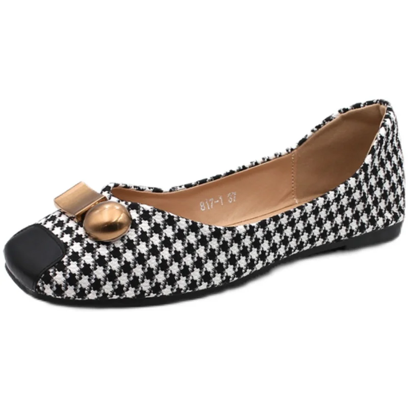 Women Flats Houndstooth White Black Plaid Flat Shoes for Female Slip on Casual Shoes Summer Spring Square Head Zapatillas Mujer