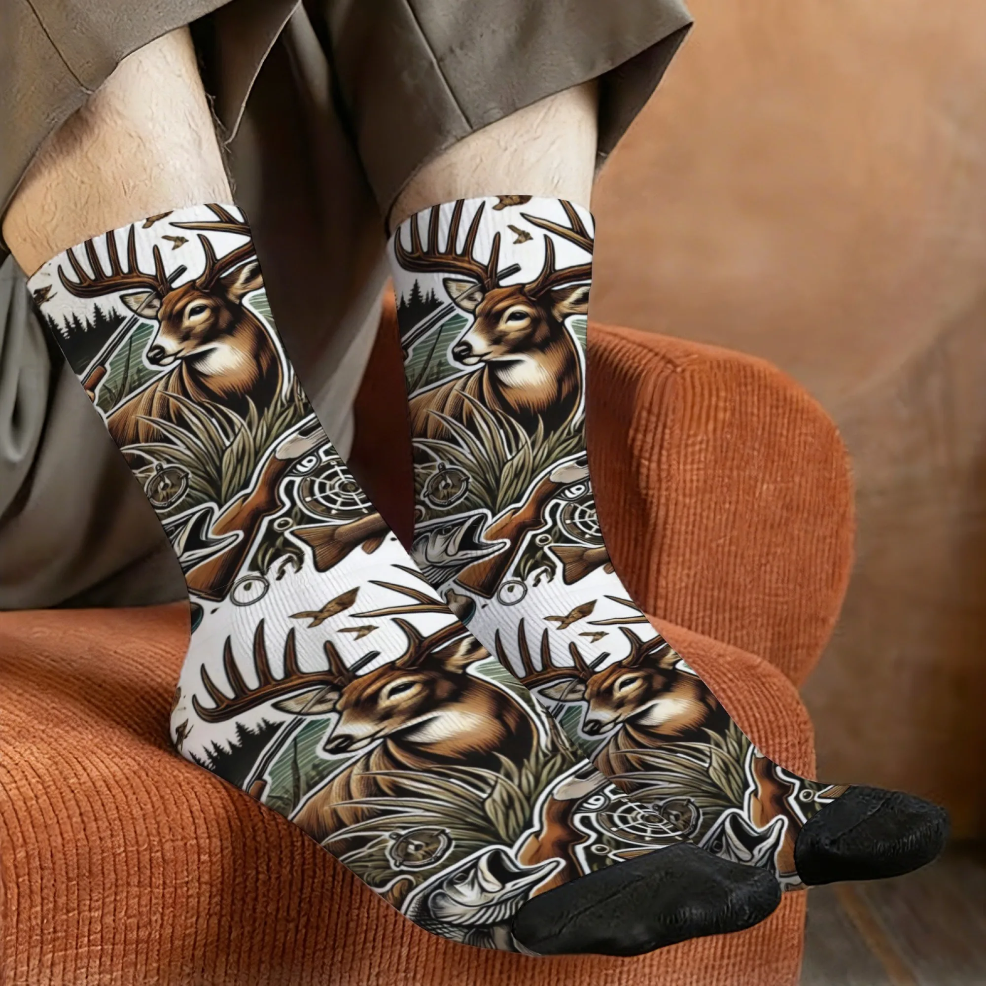 Mountain Hunter Deer Camouflage Print Socks for Men Full-Body Deer & Mountain Design Durable Outdoor Hiking & Casual Wear