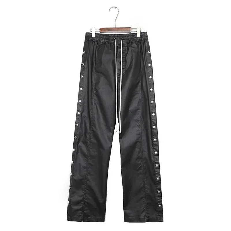 Y2K Rick Herrenhosen 24SS Herbst High Street Sport Ro Hosen beschichtete gewachste weitbeinige zweireihige Hosen Casual Ownes Jeans