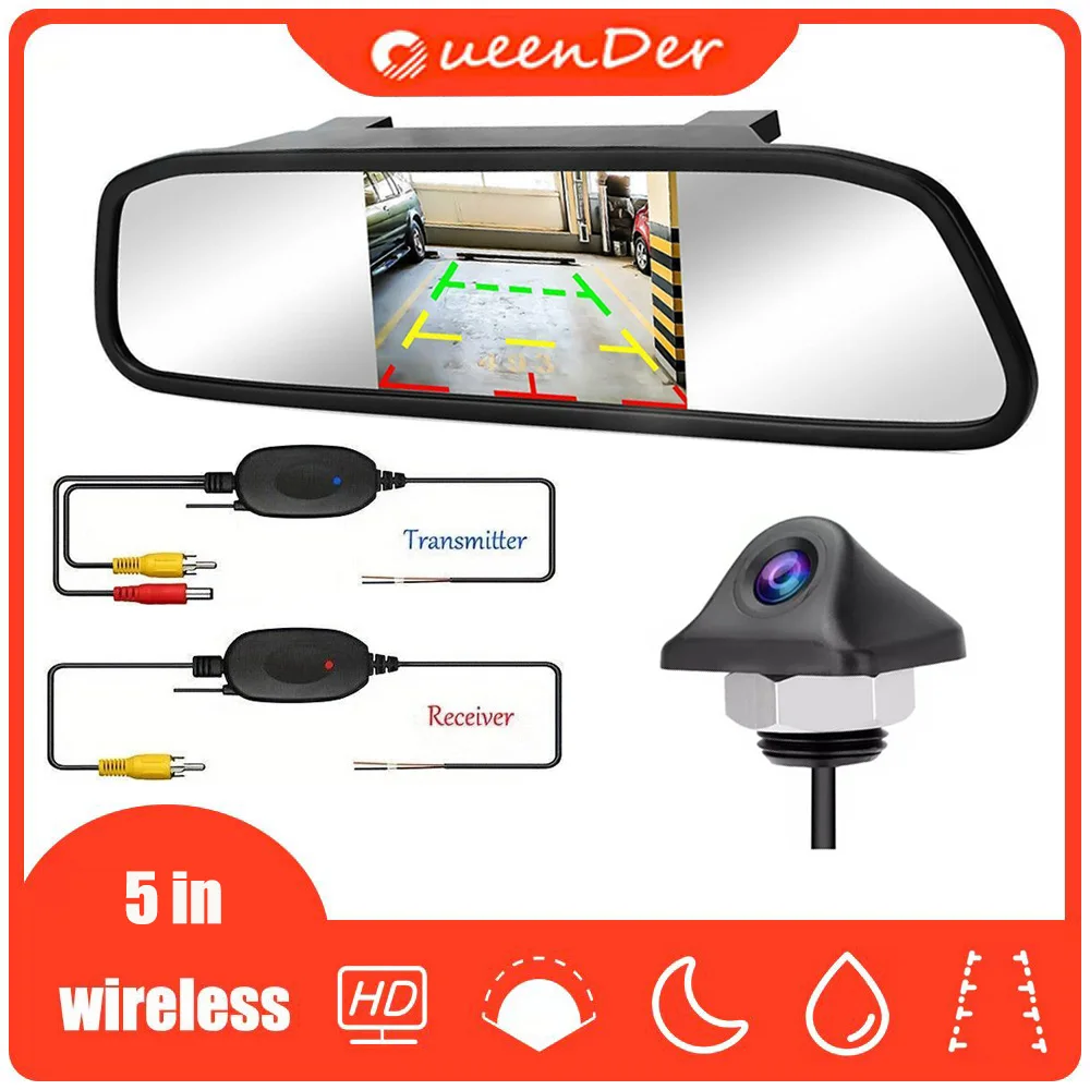 QueenDer Wireless 5 inch Rear View Mirror Monitor + Car Backup Camera Kit Night Vison Camera for Car, Pickup, SUVs, Vans