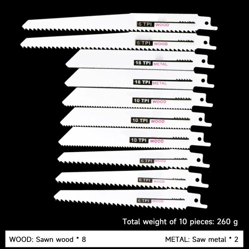 10pcs Extended Electric Reciprocating Saw Woodworking Metal Keel Saw High-speed Steel Carbon Steel Coarse and Fine Teeth