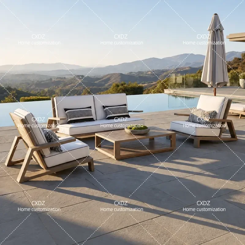 Outdoor Teak Wood Sofa Set Solid Wood Garden Furniture Villa Courtyard Hotel Patio Leisure Seating Group with Coffee Table