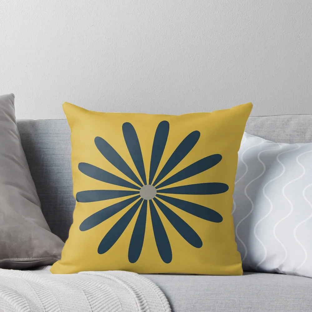 

Big Daisy in Navy Blue and Grey on Light Mustard Yellow. Minimalist Mid Century Modern Geometric Retro Floral Throw Pillow