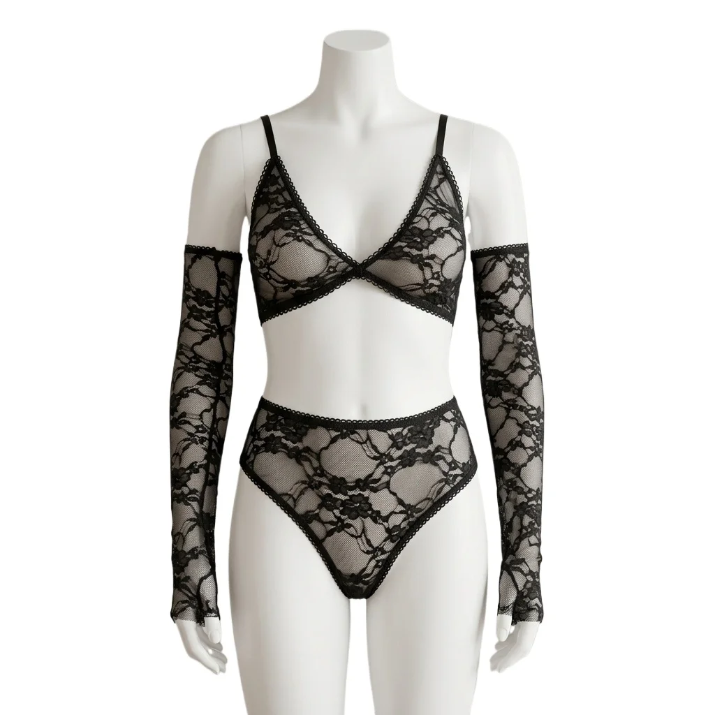 3 Piece Black Lace Lingerie Set for Women Sheer Floral Bralette with Matching Sleeves and High Cut Panty for Honeymoon Wedding